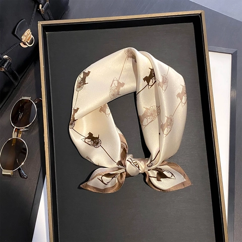 Mulberry Satin Square Scarf Carriage Horse Print Retro Elegant Neck Head Wrap Women