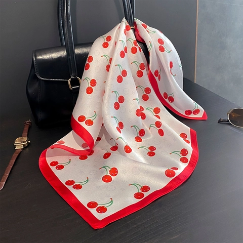 Carré de Soie de Mûrier pour Femme Imprimé Cerise Foulard Bord Contrasté Rouge Bandana Élégant Polyvalent Accessoire de Sac