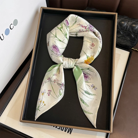 Mulberry Satin Quadratisches Tuch Französischer Retro Blumen Libellen Druck Halskerchief Elegantes Accessoire Damen
