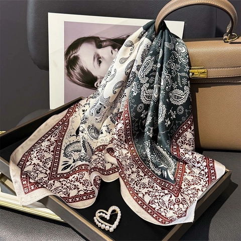 Vintage Mulberry Satin Square Scarf Paisley Print Luxury Elegant Neck Scarf For Women Soft Satin Luster
