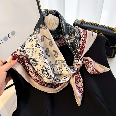 Vintage Mulberry Satin Square Scarf Paisley Print Luxury Elegant Neck Scarf For Women Soft Satin Luster