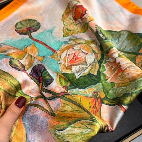 Oil Painting Style Lotus Print Square Scarf Vintage Elegant Imitation Satin Satin Neckerchief For Women Decorative Fashion