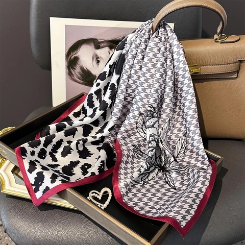 Pure Mulberry Satin Scarf Square Neckerchief Houndstooth Leopard Floral Print Elegant French Style Thin Scarf For Women