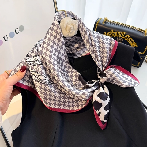 Pure Mulberry Satin Scarf Square Neckerchief Houndstooth Leopard Floral Print Elegant French Style Thin Scarf For Women