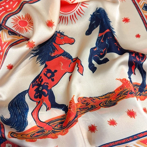 Vintage Horse Totem Print Polyester Satin Square Scarf Women Elegant Neck Wrap Fashion Accessory