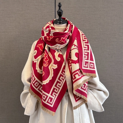 Women Scarf Shawl Thickened Warm Imitation Cashmere Elegant Retro Jacquard Greek Key Pattern Tassel Wrap For Winter