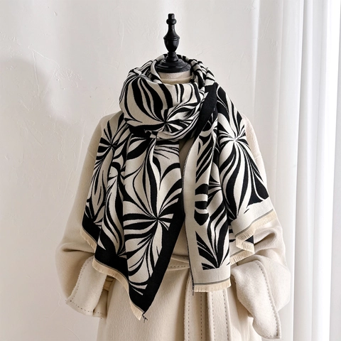 Dames Dikke Warme Kasjmier-Achtige Sjaal Abstracte Print Retro Lange Sjaal Met Kwastjes Franjes Elegante Winterwikkel