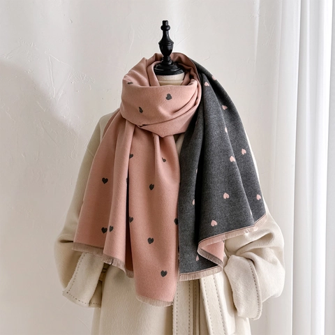 Double Sided Heart Pattern Imitation Cashmere Scarf For Women Thick Warm Winter Large Shawl Wrap With Tassels Soft Jacquard Neckerchief