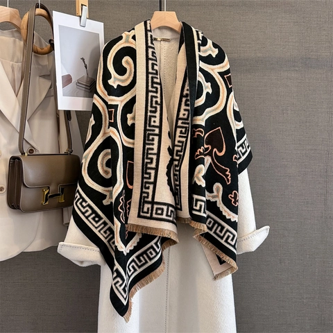 Women Scarf Shawl Thickened Warm Imitation Cashmere Elegant Retro Jacquard Greek Key Pattern Tassel Wrap For Winter