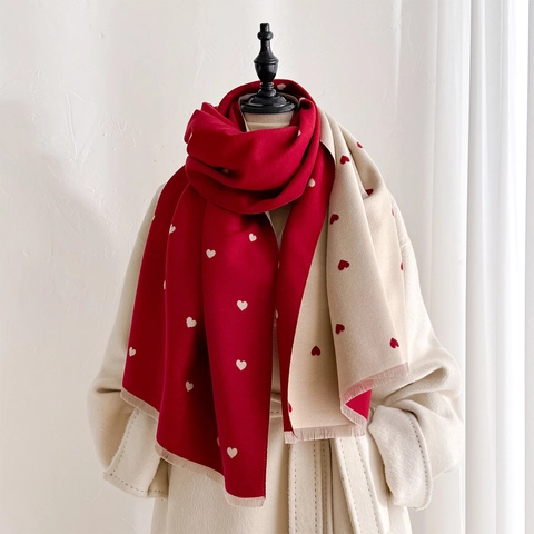 Double Sided Heart Pattern Imitation Cashmere Scarf For Women Thick Warm Winter Large Shawl Wrap With Tassels Soft Jacquard Neckerchief
