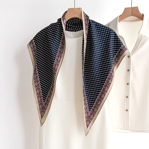 Foulard Triangolare Raso Simil Raso Stampato Motivo Geometrico Floreale Stile Francese Vintage Accessorio Di Moda