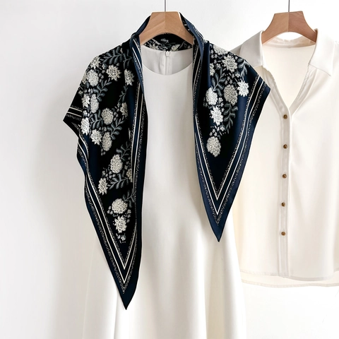 Retro Driehoekige Sjaal Voor Dames Bloemenprint Elegante Polyester Satijnen Sjaal Lichtgewicht Veelzijdige Hoofddoek