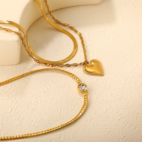 Stainless Steel Double Layer Necklace With Heart Pendant And Zircon 18K Gold Plated Snake Chain Fashion Jewelry For Women