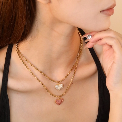 Herz Anhänger Halskette Edelstahl Mit Strass Besetzt Kugelkette Elegant Süß Mode Schmuck Für Damen