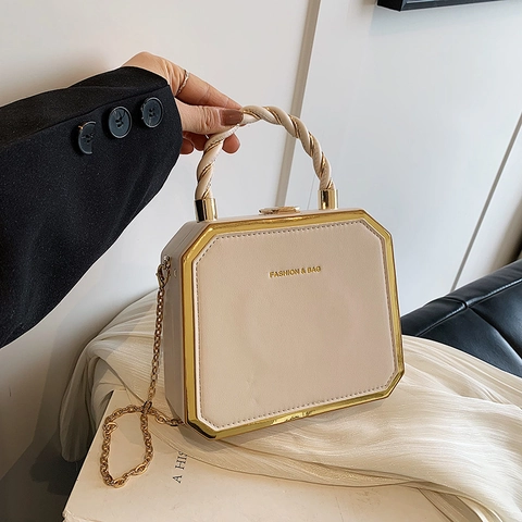 Elegant Women Octagonal Box Bag Hard Shell PU Leather Handbag Gold Metal Frame Twisted Handle Chain Shoulder Crossbody Bag