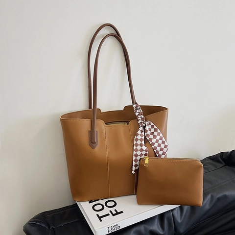 Damen Große Kapazität PU Leder Tote Und Beutel Minimalistisch Pendler Umhängetasche Mit Schachbrett Schal Vintage Handtasche
