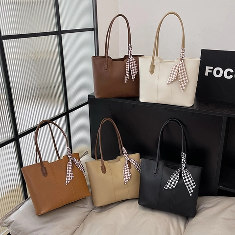Damen Große Kapazität PU Leder Tote Und Beutel Minimalistisch Pendler Umhängetasche Mit Schachbrett Schal Vintage Handtasche