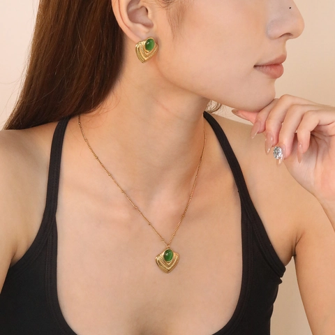 Vintage Edelstahl Schmuckset Für Damen Vergoldet Fächer Herzförmiger Anhänger Halskette Und Ohrstecker Mit Katzenaugenstein Luxus Modeaccessoires