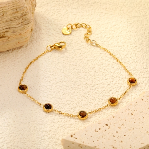 Stainless Steel Bracelet 18K Gold Plated Tiger Eye Cat Eye Stone Double Layer Snake Chain Knot Charm Adjustable Women