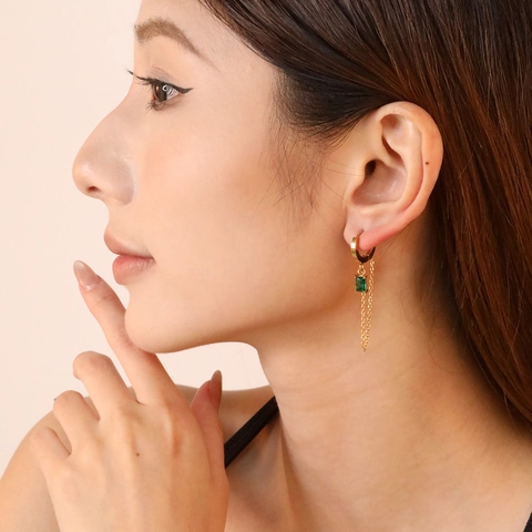 Edelstahl Quasten Creolen 18K Vergoldet Bunter Zirkon Rechteckiger Edelstein Lange Kette Baumeln Schmuck Frauen
