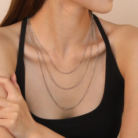 Collier Multi Rangs En Acier Inoxydable Pour Femmes Chaîne Serpent Triple Minimaliste Avec Petites Perles Métalliques Accessoire Polyvalent