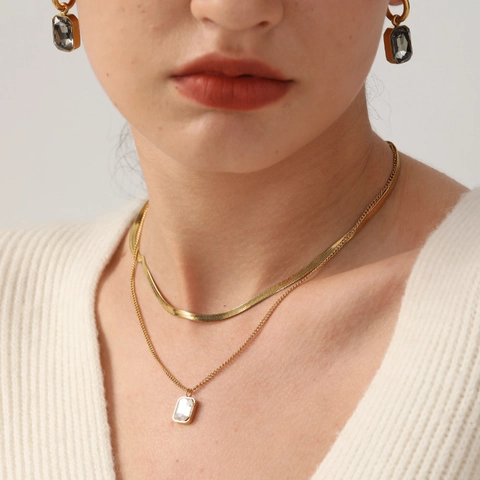 Collier Multorang Et Créoles Acier Inoxydable Plaqué Or 18K Cristal Rectangulaire Taille Émeraude Pour Femmes