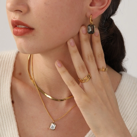 Collier Multorang Et Créoles Acier Inoxydable Plaqué Or 18K Cristal Rectangulaire Taille Émeraude Pour Femmes