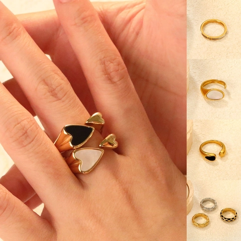 Heart Shaped Open Ring Stainless Steel Irregular Hammered Texture Shell Enamel Inlay Adjustable Jewelry For Women