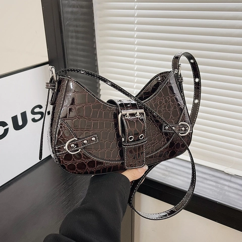 Damen Hobo Tasche Aus PU Leder Mit Krokodilmuster Und Silberner Schnalle Retro Unterachsel Umhängetasche