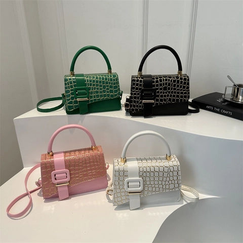 Elegante Damen Steinmuster Kleine Quadratische Tasche PU Leder Umhängetasche Mit Quadratischer Schnalle Handtasche Für Den Alltag