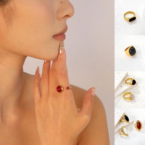 Vintage Natural Stone Ring Stainless Steel Gold Plated Agate Tiger Eye Rose Quartz Irregular Adjustable Jewelry For Women