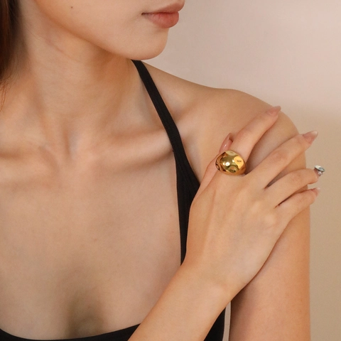 Edelstahl Ring Gold Verstellbar Offen Gehämmert Unregelmäßig Lava Textur Poliertes Flüssigmetall Mode Schmuck Für Damen