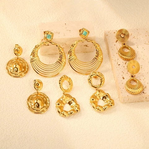 Irreguläre Geometrische Edelstahl Ohrringe Vergoldet Falten Gehämmerte Textur Bohemian Vintage Schmuck Für Damen