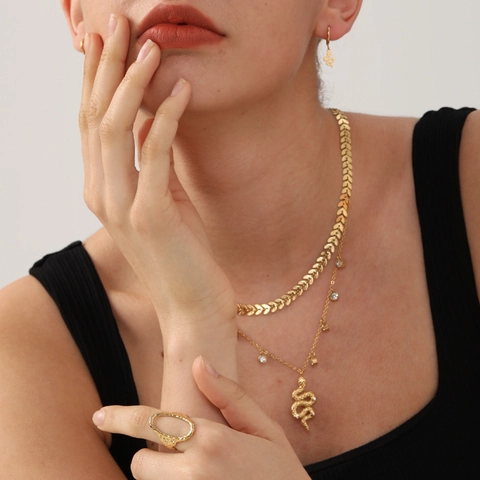 Collana Multistrato Con Pendente A Serpente In Acciaio Inossidabile Placcato Oro Con Zirconia Per Donna
