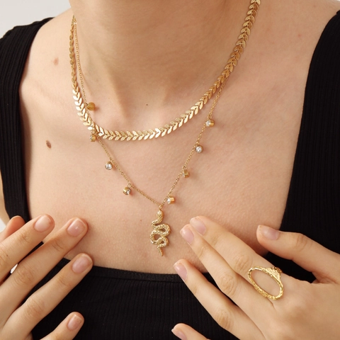 Collana Multistrato Con Pendente A Serpente In Acciaio Inossidabile Placcato Oro Con Zirconia Per Donna