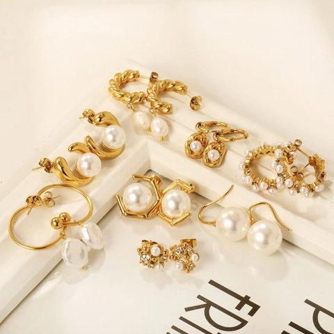 Orecchini Vintage Francesi in Acciaio Inossidabile Placcato Oro con Perla Artificial d'Imitazione per Donna Lusso Leggero Zirconia