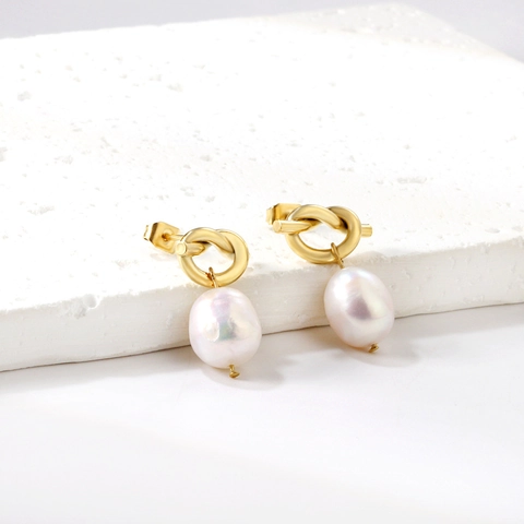 Pendientes De Nudo Con Perlas Artificiales Acero Inoxidable Dorado Diseño Geométrico Retorcido Joyería Vintage Minimalista Mujer