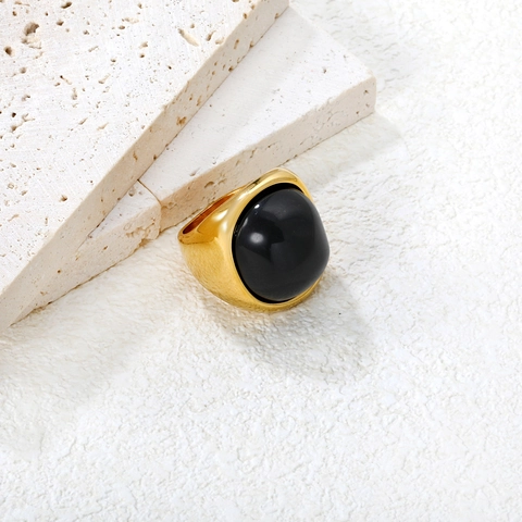Vintage Stainless Steel Black Onyx Ring Geometric Rectangle Oval Gold Plated Signet Band Ring For Women Fashion Jewelry