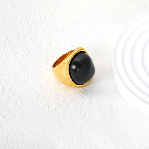Vintage Stainless Steel Black Onyx Ring Geometric Rectangle Oval Gold Plated Signet Band Ring For Women Fashion Jewelry