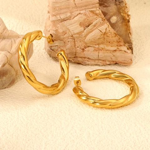 Pendientes De Aro Retorcidos Acero Inoxidable Chapado En Oro Hueco Texturizado Geométrico Forma C Para Mujeres