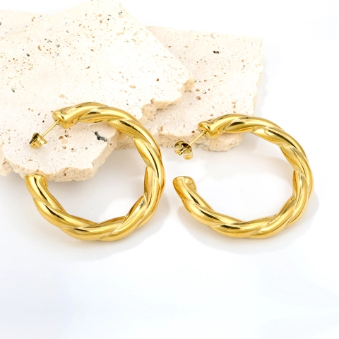 Pendientes De Aro Retorcidos Acero Inoxidable Chapado En Oro Hueco Texturizado Geométrico Forma C Para Mujeres