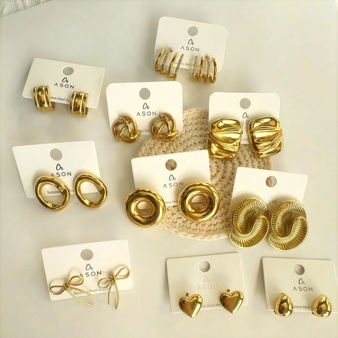 Stainless Steel Gold Plated Stud Hoop Earrings With Stainless Steel Earring Post Geometric Spiral Heart Bowknot Jewelry