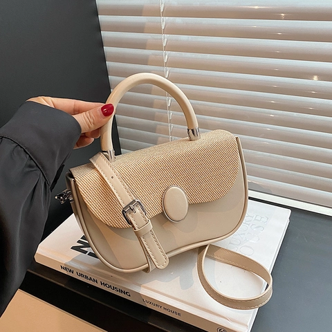 Women Handbag PU Leather Straw Woven Splicing Contrast Color Crossbody Semicircle Saddle Shape Retro Fashionable Elegant