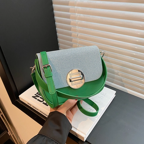Women Crossbody Saddle Bag PU Leather Woven Fabric Contrast Color Metal Lock Adjustable Strap Fashion Shoulder Purse