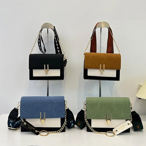 Bolso Bandolera Mujer Patchwork Bolso Cuadrado Pequeño Cuero PU Color Contraste Con Correa Ancha Y Cadena
