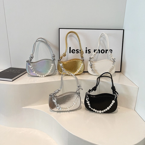 Women Fashion PU Leather Underarm Bag With Faux Pearl And Heart Charm Metallic Holographic Silver Gold Shoulder Bag