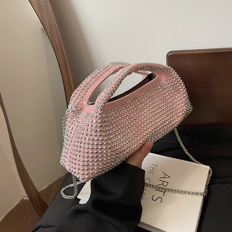 Sac À Bandoulière En Strass Pour Femmes Sac À Main Étincelant En Cuir PU Avec Chaîne Métallique Pour Soirée Style Chic Y2K