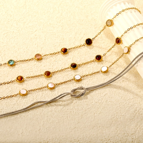 Stainless Steel Bracelet 18K Gold Plated Tiger Eye Cat Eye Stone Double Layer Snake Chain Knot Charm Adjustable Women