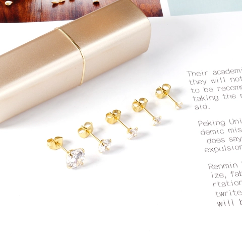 Round Cut Zircon Stud Earrings Stainless Steel Four Prong Setting Anti-allergic Minimalist Geometric Jewelry For Women