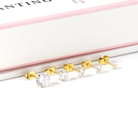 Round Cut Zircon Stud Earrings Stainless Steel Four Prong Setting Anti-allergic Minimalist Geometric Jewelry For Women